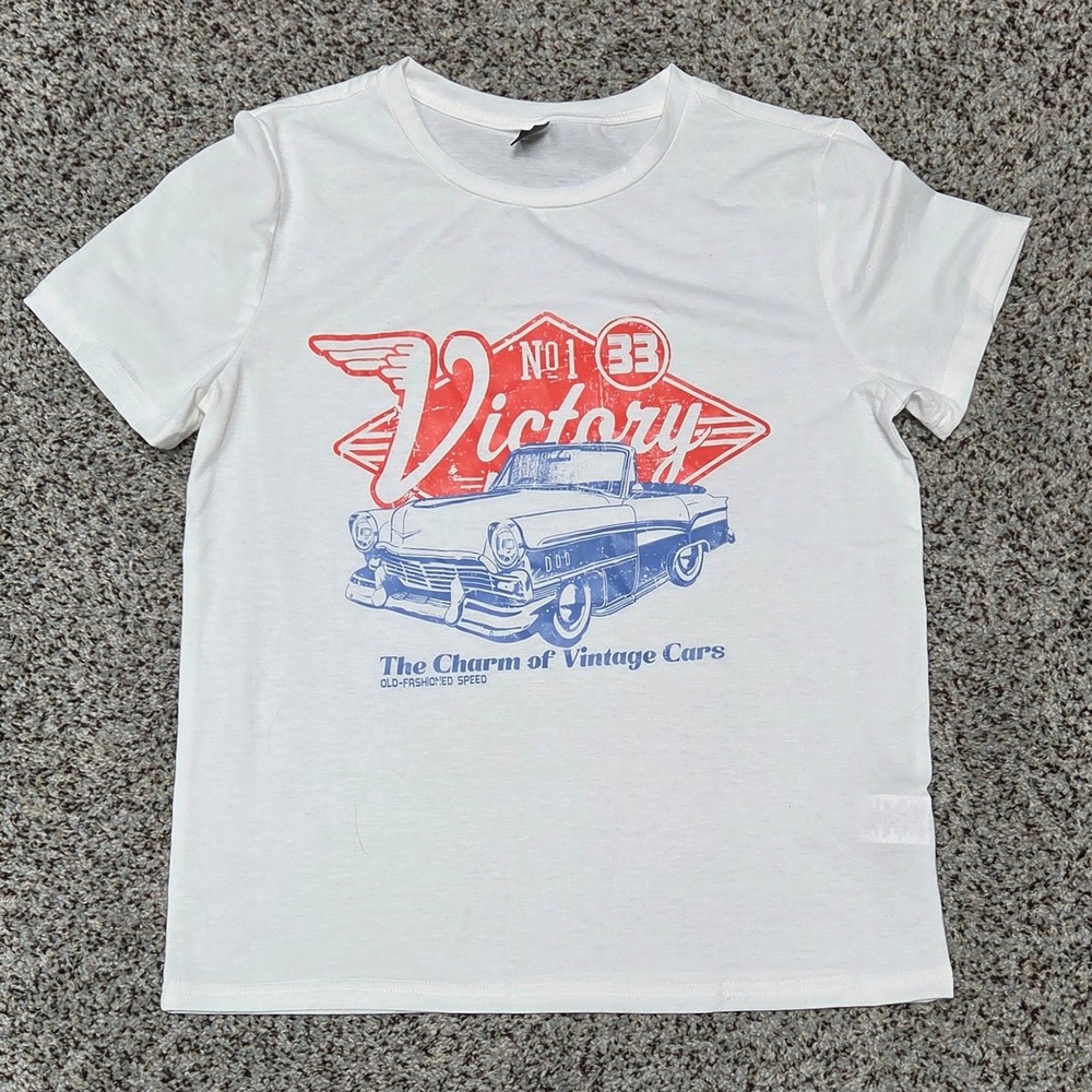 Shein Vintage Car Graphic Tee White Short Sleeve Top Classic Cars Small